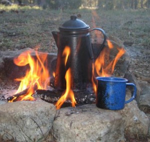 Cowboy coffee pot on campfire
